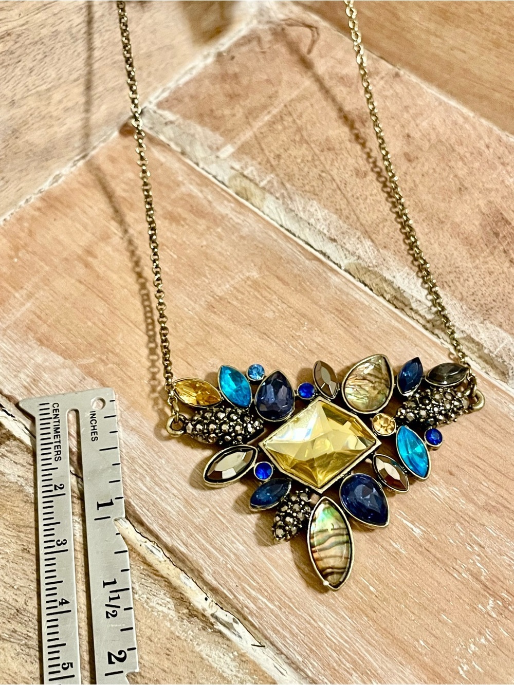 Unique Gold-Tone Blue & Gold Rhinestone Statement Necklace - Stunning! - Picture 4 of 5
